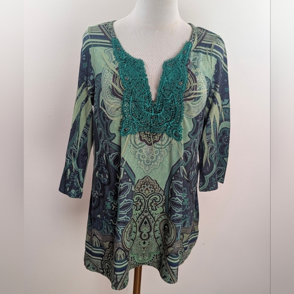 One World Women's Size Small Bohemian Teal and Green Tunic - Picture 9 of 9
